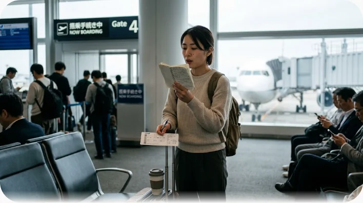 搭乗前の空港ラウンジでノートとスマートフォンを手に、フレーズを口ずさむ旅行者