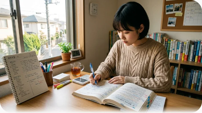 短い詩のページを開いた童謡集と、韻の位置に印をつけたノート、ヘッドホンが置かれた学習机