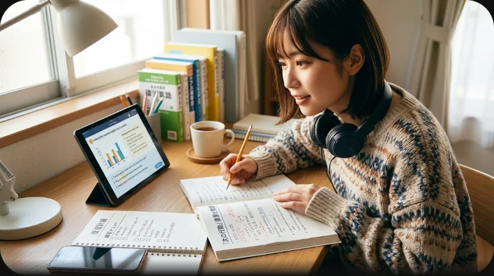 夜の学習机に置かれた開いたノートとペン、ミルクを入れた紅茶のマグ、デスクランプと辞書