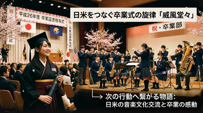 講堂で角帽とガウンの卒業生が入場し、脇で生徒の吹奏楽アンサンブルが演奏する卒業式の様子