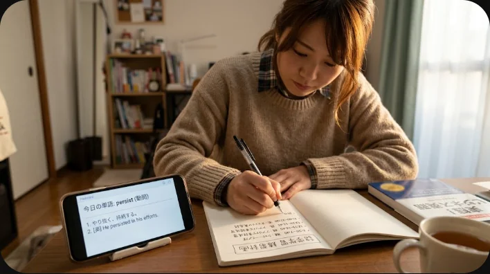 自宅の机で白紙のノートとブラックコーヒーを前に英語を練習している東アジア系の学習者