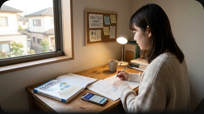 夜の自宅の机で手帳に学習計画を書き込む日本の高校生