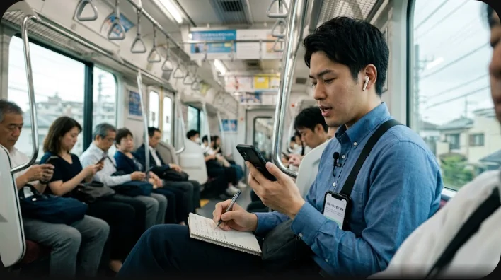 通勤電車の中でイヤホンをつけ、ノートを持って英語のフレーズを練習している人