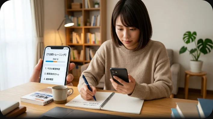 夕暮れの学習机にスタンドに立てたスマートフォンと手書きの週間チェックリストのノートが置かれている様子