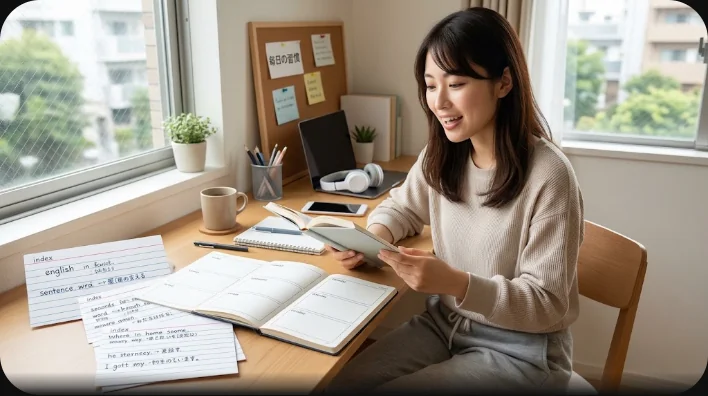 ソファでノートを開き、英文を音読しながらプランナーとインデックスカードを机に置いている学習者