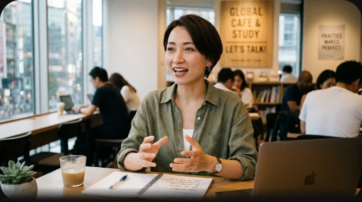 ヘッドホンを着けた男性が自宅の机でノートパソコンに向かい、単語ノートを横に置いてオンラインレッスンを受けている様子