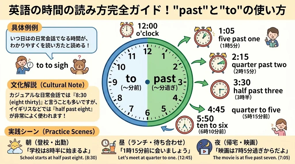 「past」や「to」を使って英語で時刻の読み方を解説した学習用チャート。中央に時計の図があり、文字盤の例とそれに対応する時刻の表記が掲載されています。.