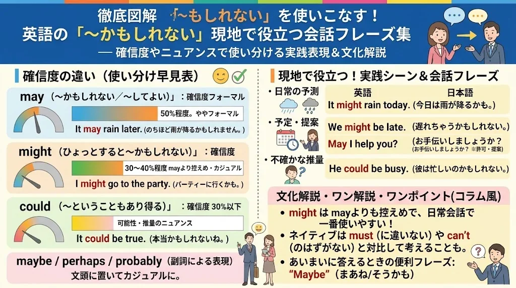 「may」、「might」、「could」といった可能性を表す英語の表現の使い方を解説した教育用インフォグラフィック。英語と日本語の例文も掲載されています。.