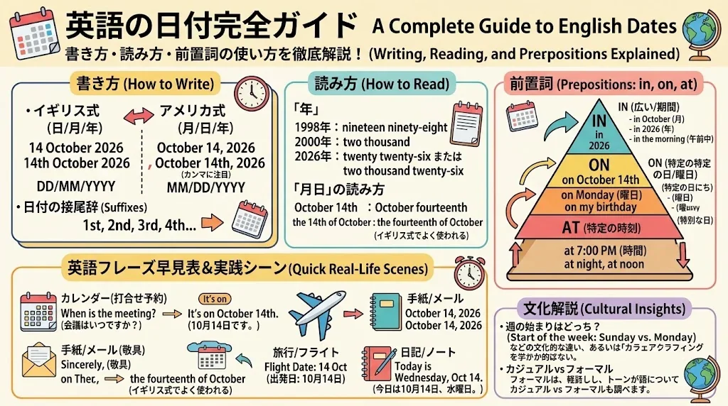 「英語の日付完全ガイド」と題されたインフォグラフィック。日付の書き方、読み方、前置詞の使い方について、具体例や文化的な知見を交えて詳しく解説しています。.