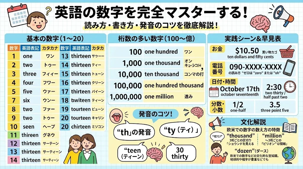 「英語の数字をマスターしよう」と題された日本語の教育用インフォグラフィック。1～20までの数字、10の累乗、発音のコツ、そして通貨・時間・日付に関する実用的な例が掲載されています。.
