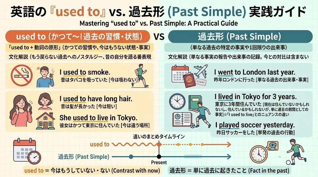 「used to」と過去形の使い分けを比較した教育用インフォグラフィック。英語の例文と日本語訳に加え、説明用のアイコンや年表が掲載されています。.