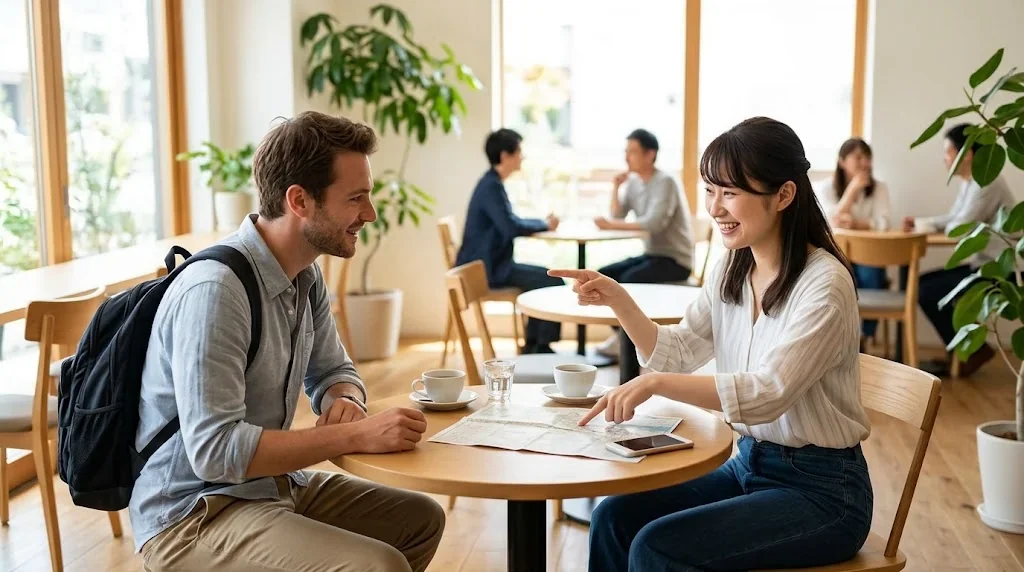 カフェのテーブルに座っている男女が、地図を見ながら話している。.