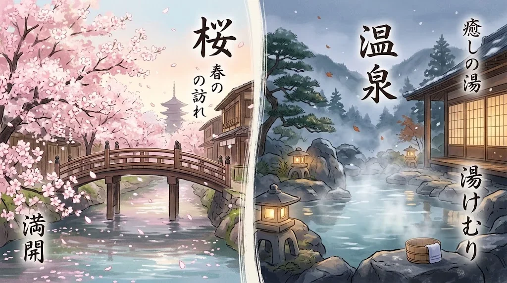 桜と温泉を対比した美しいイラスト