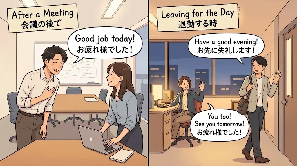 会議後の労いと別れの挨拶を対比したイラスト
