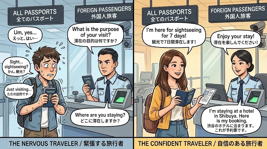 緊張する旅行者と自信満々の旅行者の対比イラスト
