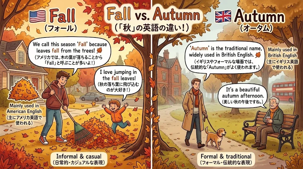FallとAutumnの意味を対比したイラスト