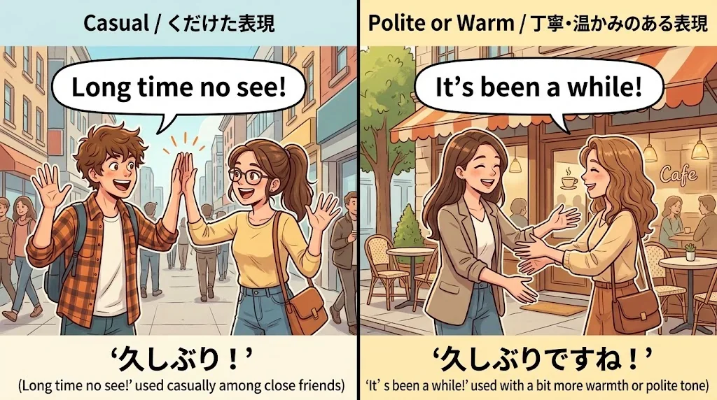 友人に「久しぶり！」と挨拶する二人の対比イラスト