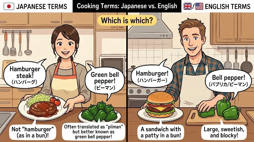 和製英語と英語料理用語の違いを示す対比イラスト
