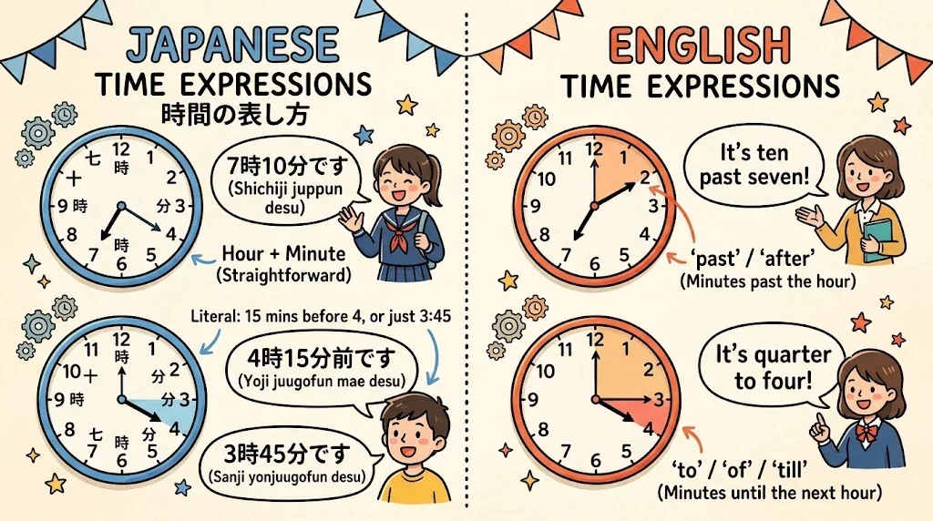 日本語と英語の時間表現の違いを示す対比イラスト