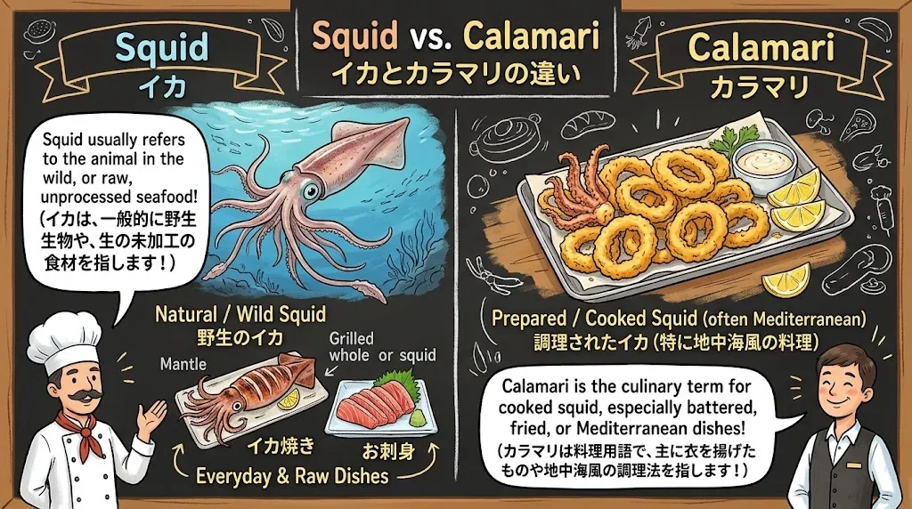 メニューにある「イカ」と「カラマリ」の違いを説明するイラスト
