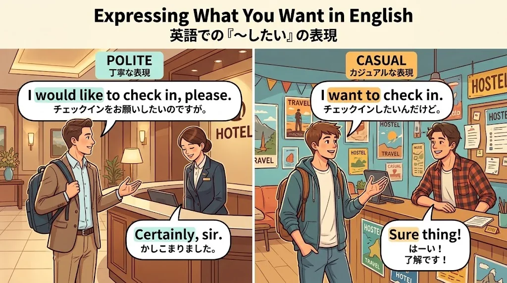 丁寧なフレーズとカジュアルなフレーズの対比イラスト