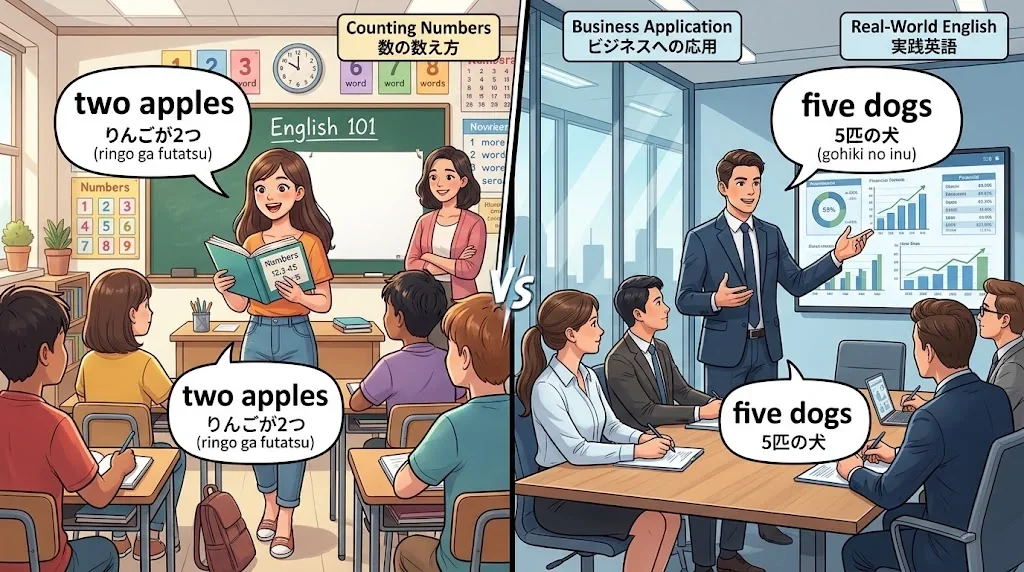 教室で自信を持って数字を読む人とビジネスミーティングで数字を使う人の対比イラスト