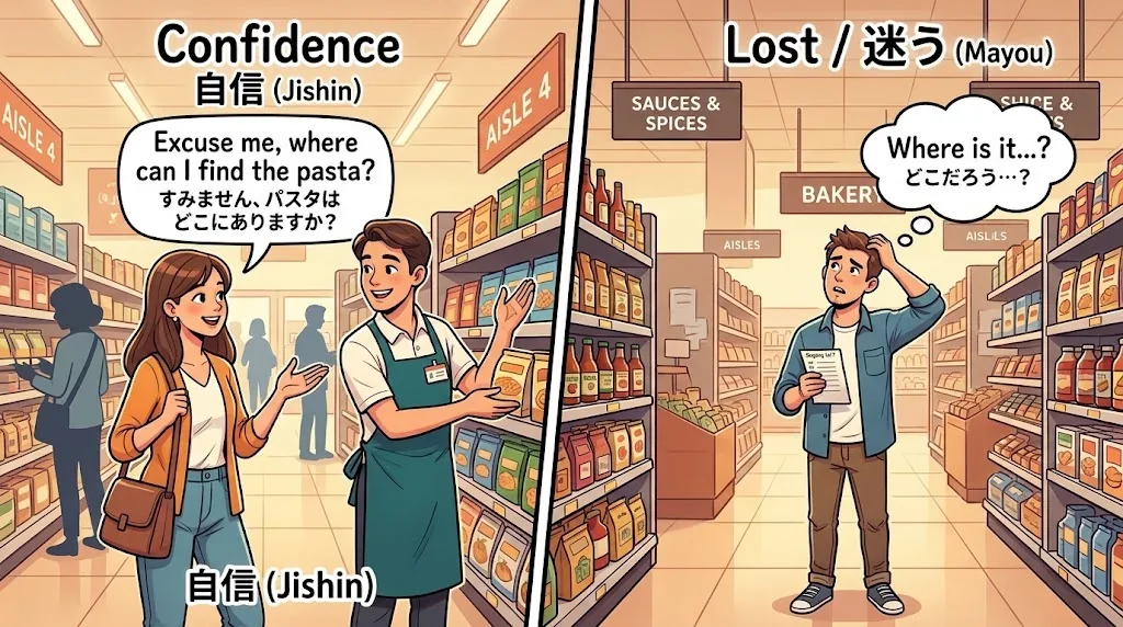 店員に自信を持って質問する買い物客と迷っている買い物客の対比イラスト