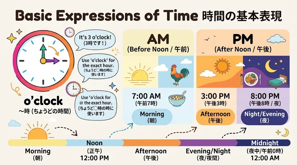 英語の基本的な時間表現を図解したインフォグラフィック