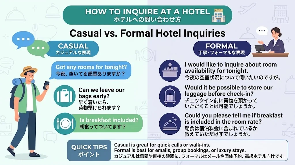 ホテルでの問い合わせに使えるフレーズの図解