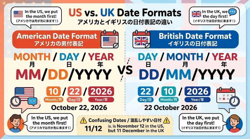 アメリカ式とイギリス式の日付の違いを図解したインフォグラフィック