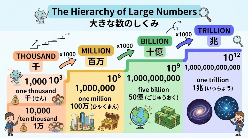 ThousandからTrillionまでの大きな数字の階層を示したインフォグラフィック