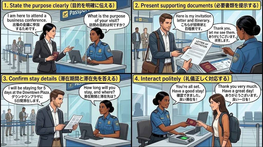 ビジネスシーンでの入国審査の具体例を示すコラージュ画像
