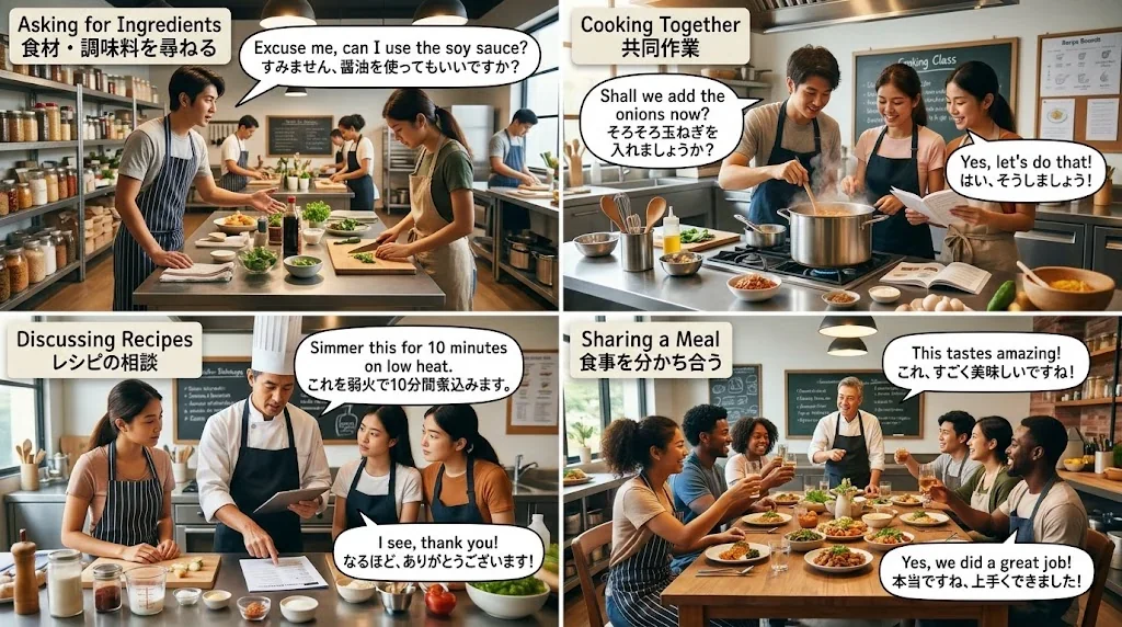 料理シーンでの会話を示すコラージュ画像