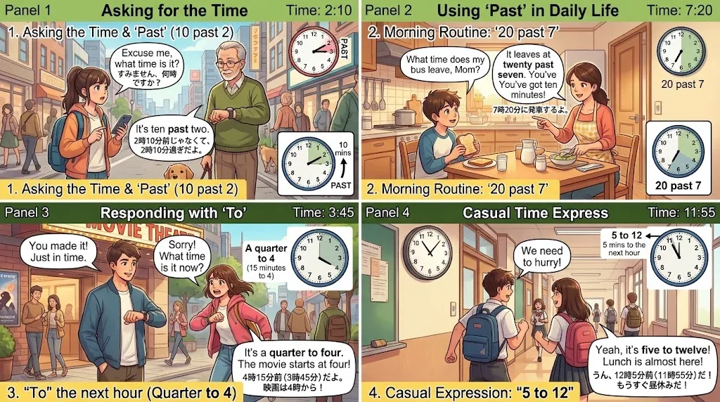 'past' と 'to' を使った様々な場面を示すコラージュ画像