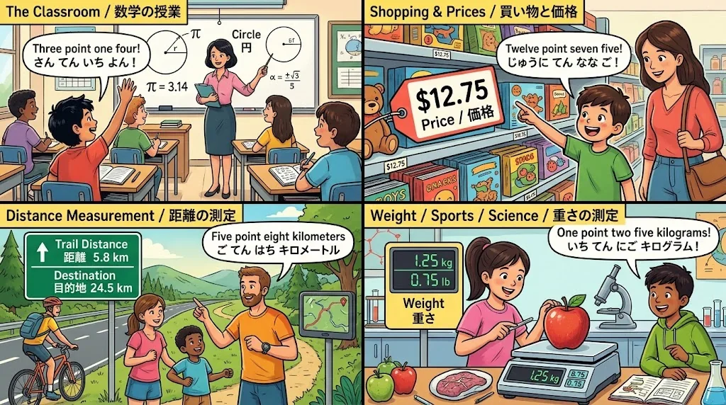 小数点を使う様々なシーンを描いたコラージュ画像