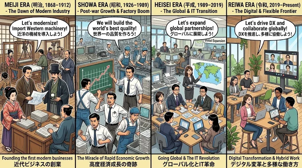 ビジネスシーンでの和暦の使い方を示したコラージュ画像