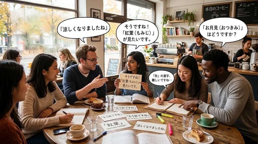 カフェで会話練習をする楽しい学習シーン