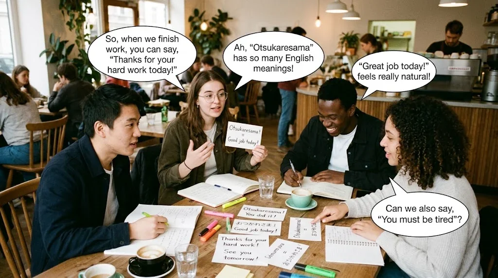 カフェで友人と英語を練習する楽しい様子
