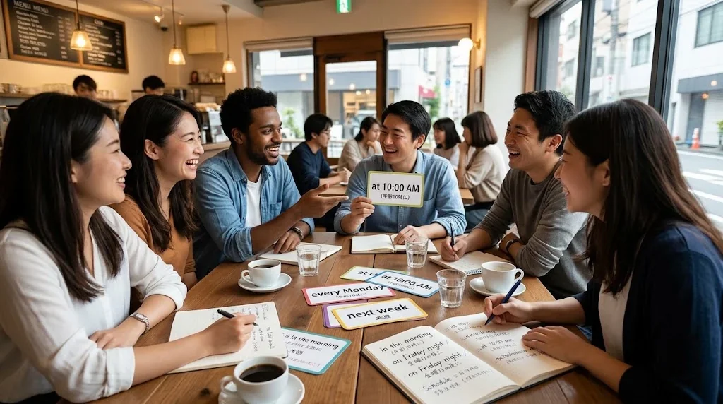 カフェで友人とフラッシュカードを見ながら楽しそうに会話している様子