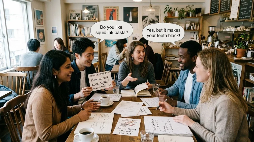 カフェで友人とイカ料理について会話している学習シーン