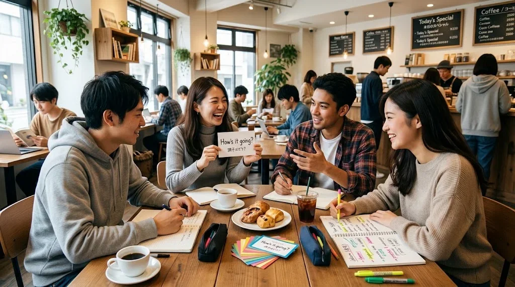 カフェで友人と英語を練習している楽しい様子