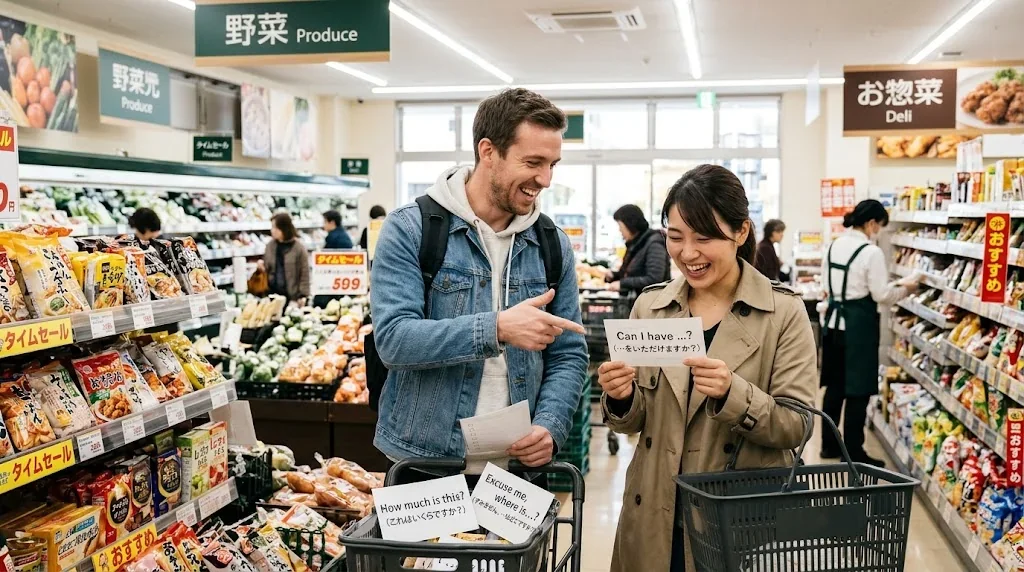 フラッシュカードを使って会話練習をしている学習者とネイティブスピーカーの楽しいシーン