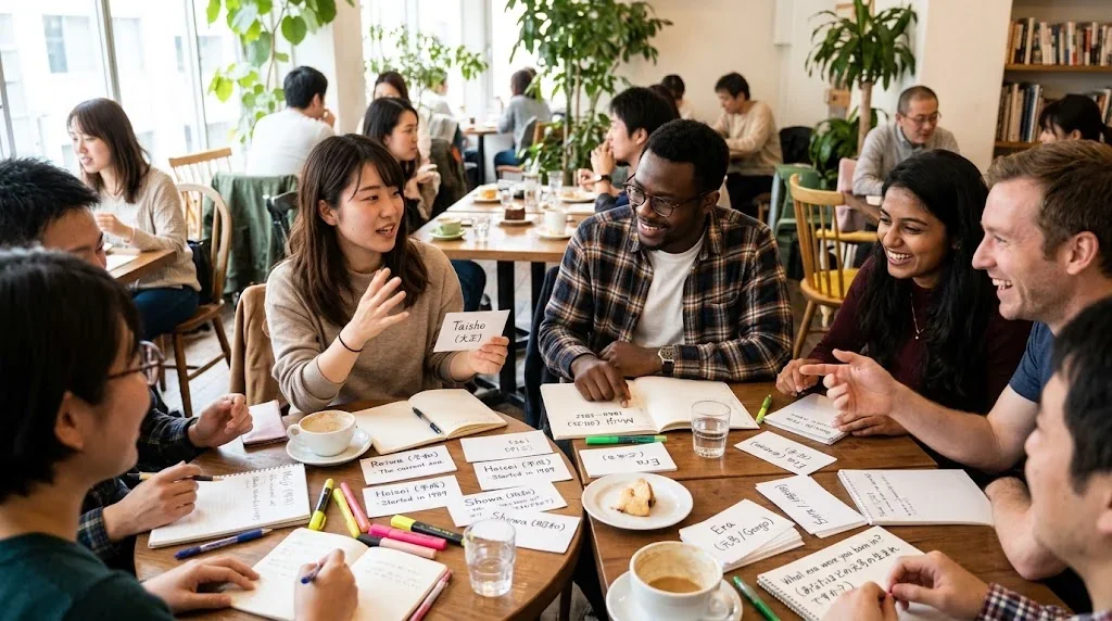 カフェで友人と和暦を使って会話練習している様子
